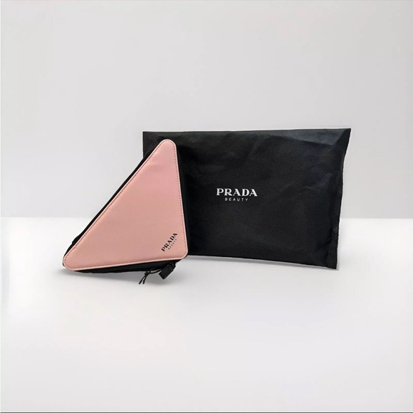 PRADA Triangle Clutch Bag Cosmetic Pouch Pink & Black WITH CHAIN - Picture 3 of 5